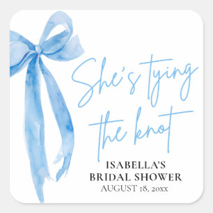 Pegatina Cuadrada Dusty Blue Bow está atando la ducha nupcial
