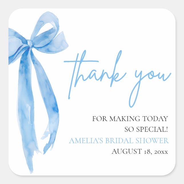 Pegatina Cuadrada Dusty Blue Bow está atando la ducha nupcial (Anverso)