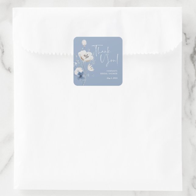 Pegatina Cuadrada Dusty Blue Bridal Shower Favor Gracias (Bolso)