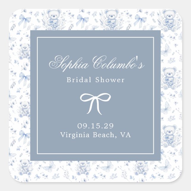 Pegatina Cuadrada Dusty Blue Chinoiserie Baby Shower (Anverso)