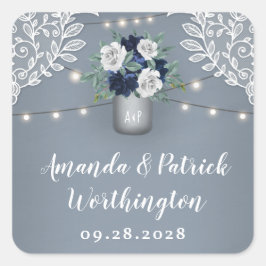 Pegatina Cuadrada Dusty Blue Country White Lace Mason Jar Boda