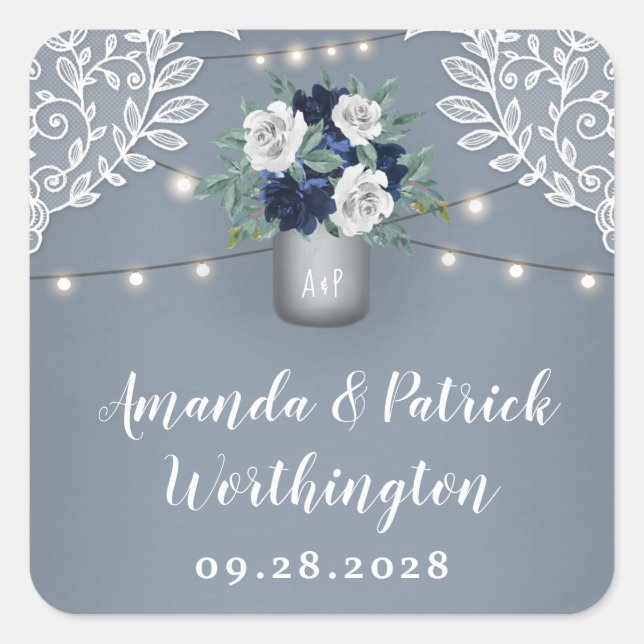 Pegatina Cuadrada Dusty Blue Country White Lace Mason Jar Boda (Anverso)