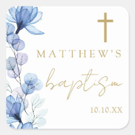 Pegatina Cuadrada Dusty Blue Elegant Baptismo Floral Moderno