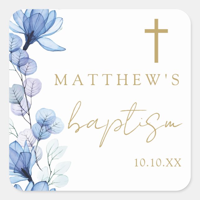 Pegatina Cuadrada Dusty Blue Elegant Baptismo Floral Moderno (Anverso)