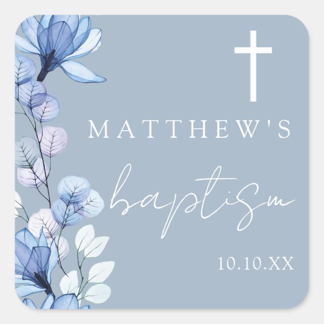 Pegatina Cuadrada Dusty Blue Elegant Baptismo Floral Moderno (Anverso)