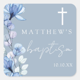 Pegatina Cuadrada Dusty Blue Elegant Baptismo Floral Moderno