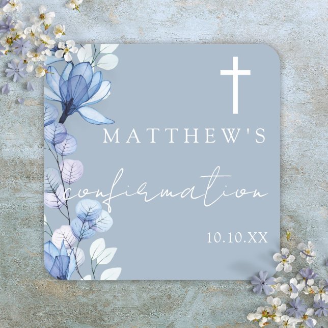 Pegatina Cuadrada Dusty Blue Elegant Floral Confirmación (Dusty Blue Elegant Floral Confirmation Square Sticker)