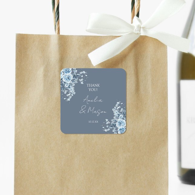 Pegatina Cuadrada Dusty Blue Elegant Thank You Wedding (Dusty Blue Elegant Thank You Wedding Square Sticker)