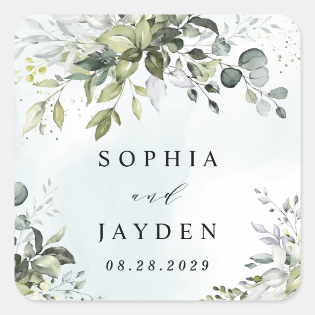 Pegatina Cuadrada Dusty Blue Eucalyptus Greenery Suculento Boda (Anverso)