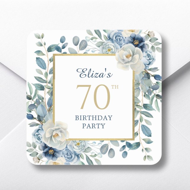 Pegatina Cuadrada Dusty Blue Floral 70th Birthday Favor (Subido por el creador)