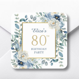 Pegatina Cuadrada Dusty Blue Floral 80th Birthday Favor