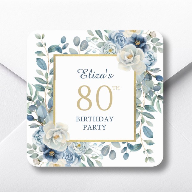 Pegatina Cuadrada Dusty Blue Floral 80th Birthday Favor (Subido por el creador)