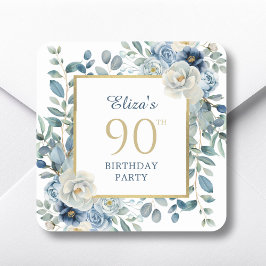 Pegatina Cuadrada Dusty Blue Floral 90th Birthday Favor