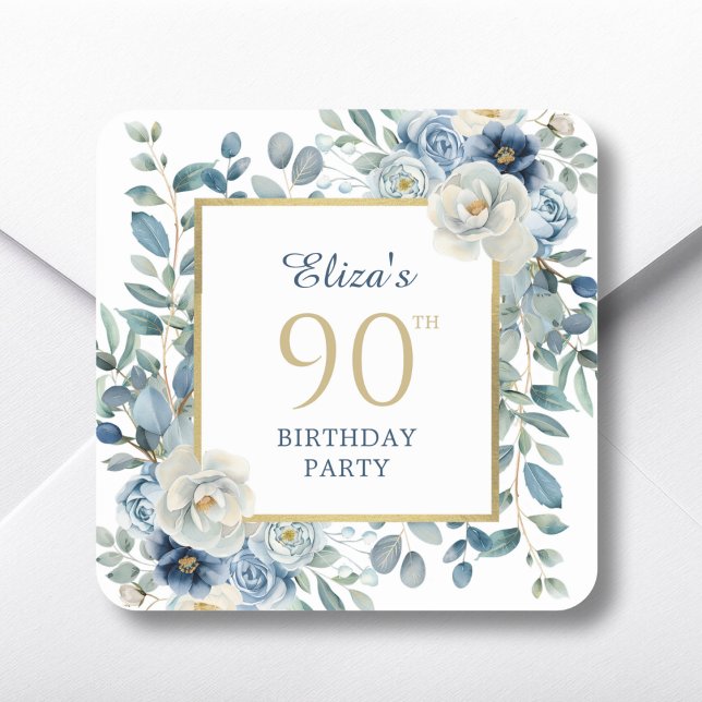 Pegatina Cuadrada Dusty Blue Floral 90th Birthday Favor (Subido por el creador)