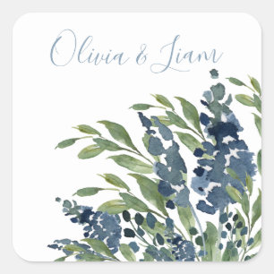 Pegatina Cuadrada Dusty Blue Floral acuarela Boda de escritura moder