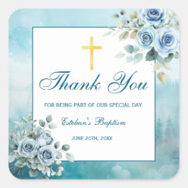 Pegatina Cuadrada Dusty Blue Floral Baptism Boy 