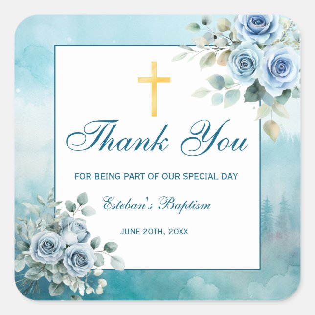 Pegatina Cuadrada Dusty Blue Floral Baptism Boy  (Anverso)