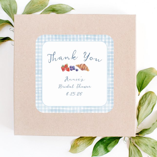 Pegatina Cuadrada Dusty Blue Gingham Brunch Bridal Shower (Subido por el creador)