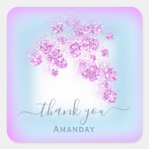 Pegatina Cuadrada Dusty Blue Glitter Floral Rosa  Bridal Cumpleaños 