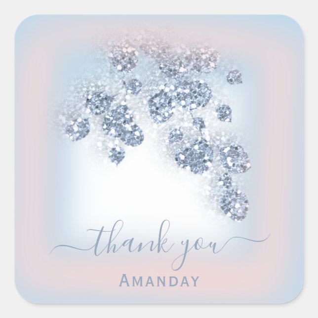 Pegatina Cuadrada Dusty Blue Glitter Floral Rose Bbriddal Cumpleaños (Anverso)