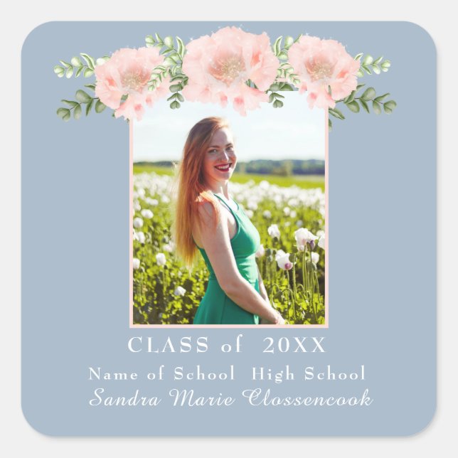 Pegatina Cuadrada Dusty Blue Modern, Flor rosa de graduación floral  (Anverso)
