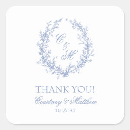 Pegatina Cuadrada Dusty Blue Monogram Botanath Wreath Gracias