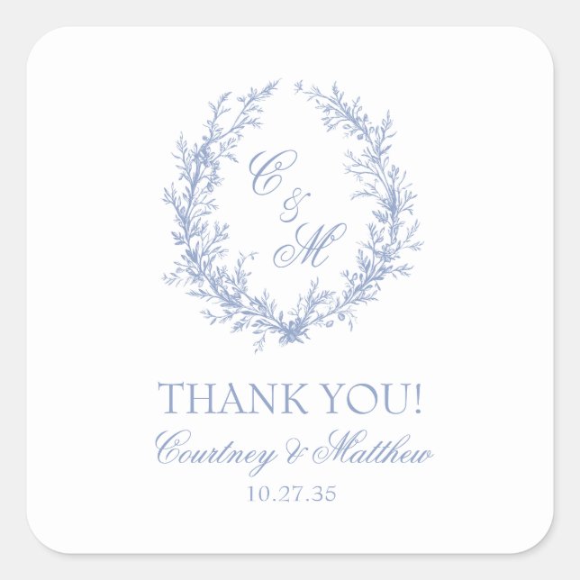 Pegatina Cuadrada Dusty Blue Monogram Botanath Wreath Gracias (Anverso)