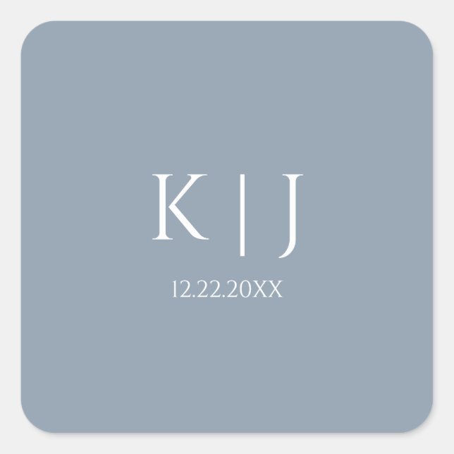 Pegatina Cuadrada Dusty Blue Monogram Initial Minimal Trendy Wedding (Anverso)