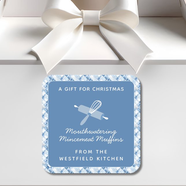 Pegatina Cuadrada Dusty Blue Navidades Regalo de comida de vacacione (Dusty Blue Check Christmas Holiday Food Gift Square Sticker Label Mincemeat)
