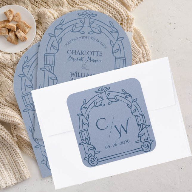 Pegatina Cuadrada Dusty Blue Ornate Arch Botanical Wedding (Dusty Blue Ornate Arch Botanical Wedding Envelope Square Sticker Monogram Seal)