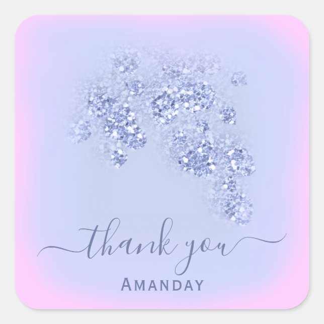 Pegatina Cuadrada Dusty Blue Purpurina Floral Sweet 16th Favor Pink (Anverso)