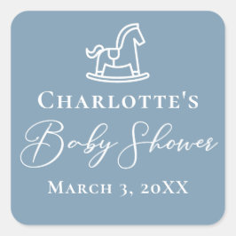 Pegatina Cuadrada Dusty Blue Rocking Horse Baby Shower