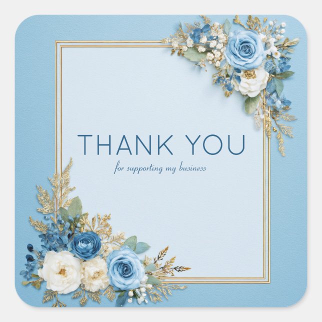 Pegatina Cuadrada Dusty Blue Rosa Dorado Esquina Floral Acuarela (Anverso)