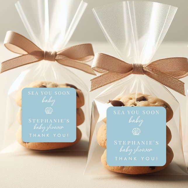 Pegatina Cuadrada Dusty Blue Sea Pronto Gracias Baby Shower (Subido por el creador)
