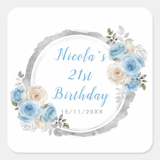 Pegatina Cuadrada Dusty Blue Silver Elegant Flowday Party (Anverso)