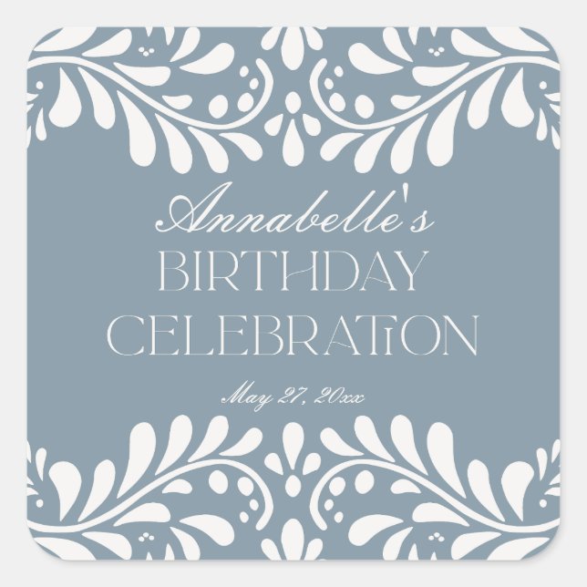 Pegatina Cuadrada Dusty Blue Talavera Fiesta Española Favor de cumpl (Anverso)