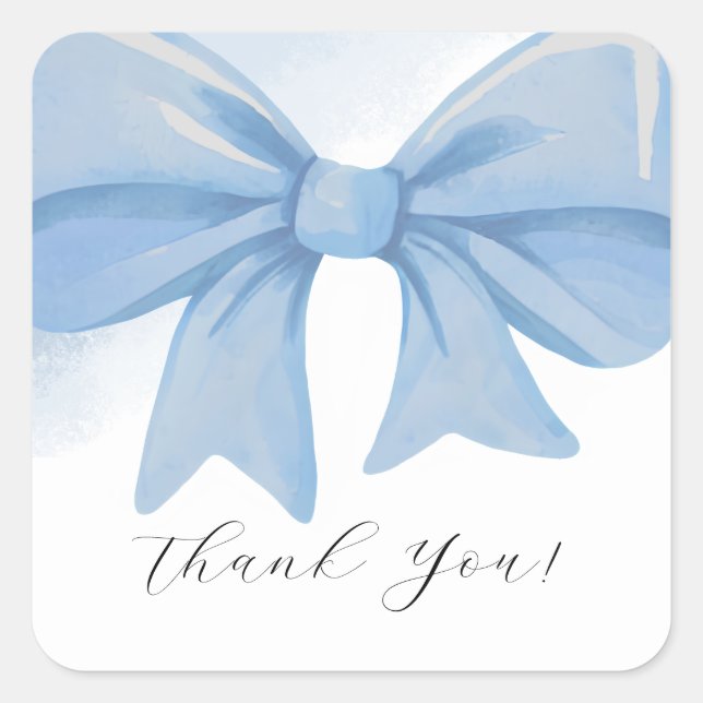 Pegatina Cuadrada Dusty Blue Watercolor Bow Baby Shower Gracias (Anverso)