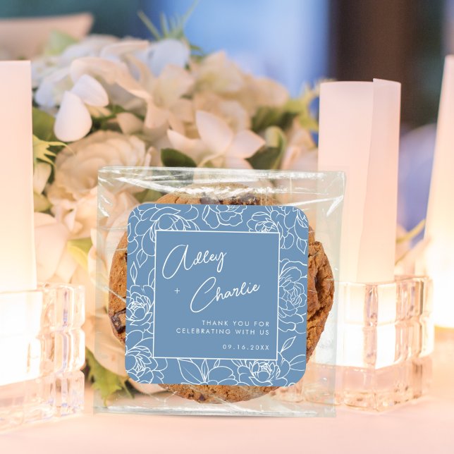 Pegatina Cuadrada Dusty Blue White Boyanical Wedding Favor Gracias (Subido por el creador)