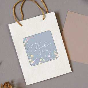 Pegatina Cuadrada Dusty Blue Wildflower Baby Shower Gracias