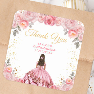 Pegatina Cuadrada Dusty Pink Princesa Quinceañera Gracias