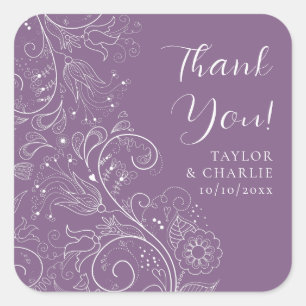 Pegatina Cuadrada Dusty Purple Elegent Boda Floral Gracias