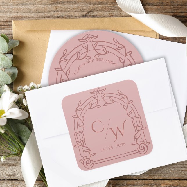 Pegatina Cuadrada Dusty Rose Ornate Arch Botanical Wedding Envelope  (Elegant Dusty Rose Ornate Arch Botanical Wedding Envelope Seal Sticker)