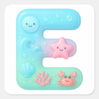 Pegatina Cuadrada "E" Cute Bubble Letter - Underwater Sea Creature A