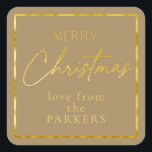 Pegatina Cuadrada Earth Tones Gold Merry Christmas ID1009<br><div class="desc">Si se preguntan qué combinaciones de colores elegir para la decoración de sus Navidades y los suministros de envoltura de regalos este año, he creado colecciones de patrones de coordinación para hacer la vida un poco más fácil. Este pegatina de 'Feliz Navidad' presenta un oro más profundo, un fondo casi...</div>