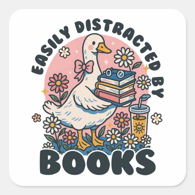 Pegatina Cuadrada Easily Distracted by Books Cute Goose Bookworm (Anverso)
