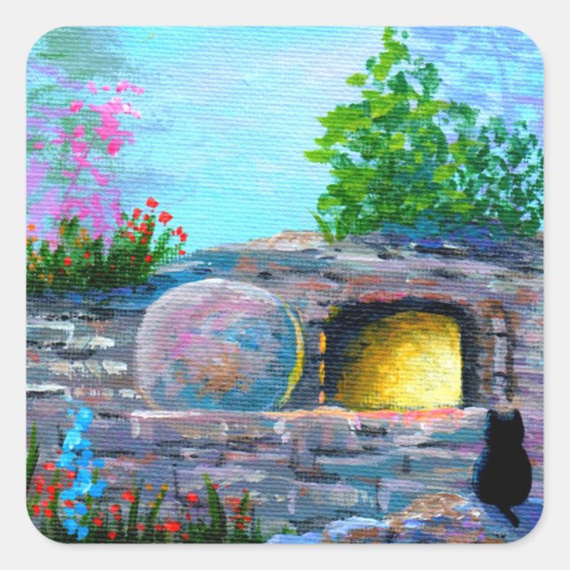 Pegatina Cuadrada Easter Black Cat Creationarts Square Sticker (Anverso)