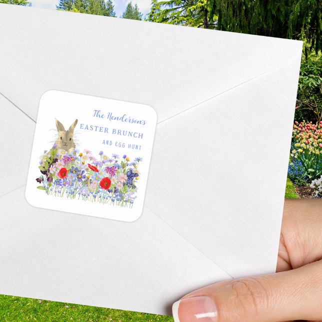 Pegatina Cuadrada Easter Brunch Egt Hunt Cute Bunny Floral Personali (Easter brunch and egg hunt custom sticker with watercolor wildflowers and cute Easter bunny)