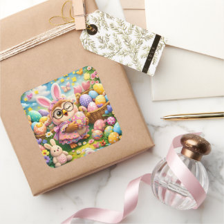 Pegatina Cuadrada Easter bunny and colourful eggs whimsical sticker