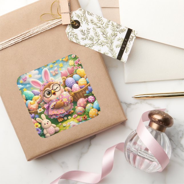 Pegatina Cuadrada Easter bunny and colourful eggs whimsical sticker  (Regalar)