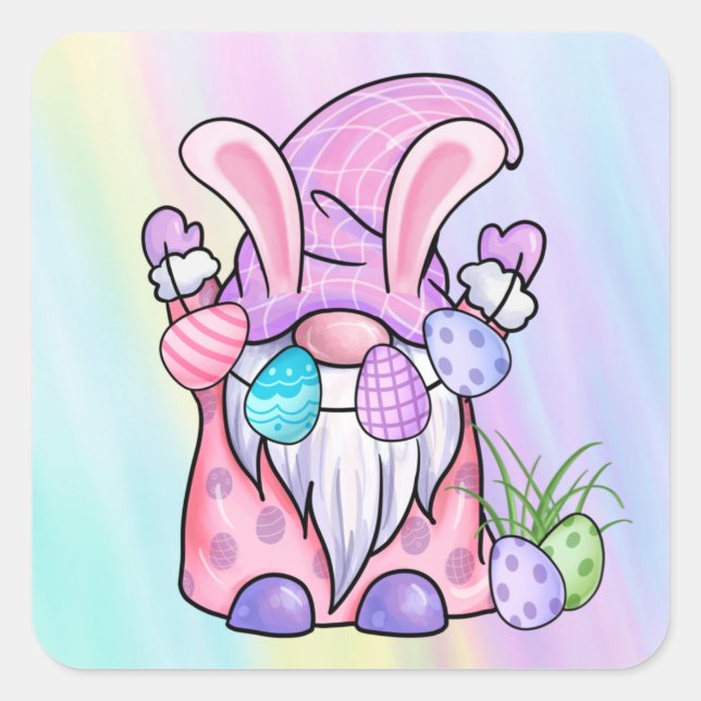 Pegatina Cuadrada Easter Bunny Gnome (Anverso)